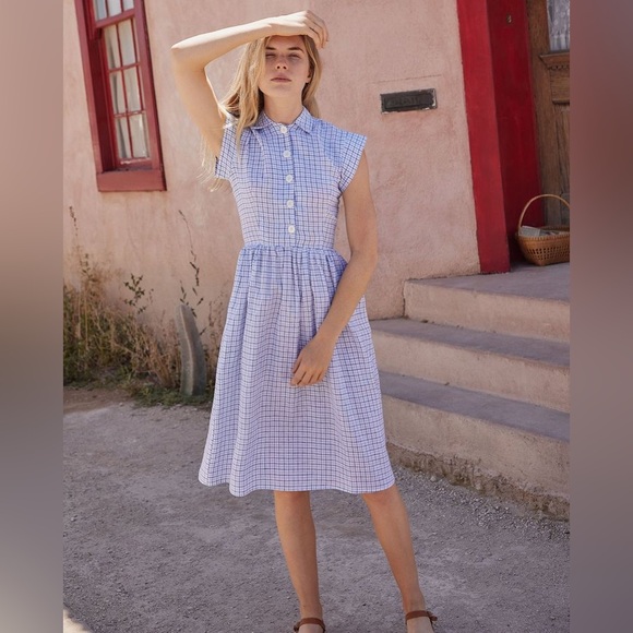 Christy Dawn Dresses & Skirts - Christy Dawn Piper Dress Linen White Blue Plaid Midi M